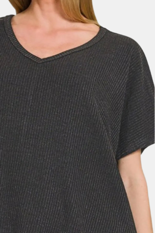 Ribbed V-Neck Short-Sleeve Sweater / BLACK