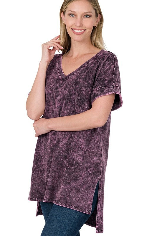 Mineral Wash Rolled Short Sleeve V-Neck Top