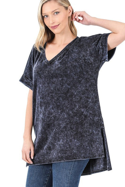 Mineral Wash Rolled Short Sleeve V-Neck Top