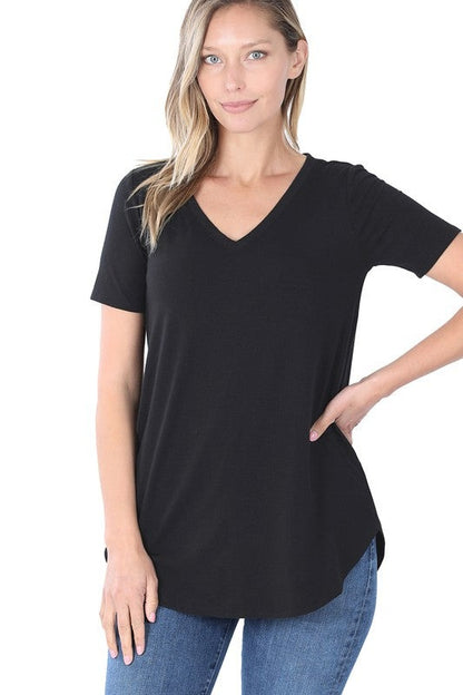 Short Sleeve V-Neck Round Hem Top