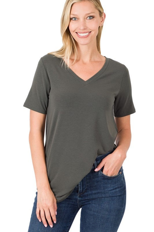 Short Sleeve V-Neck Round Hem Top