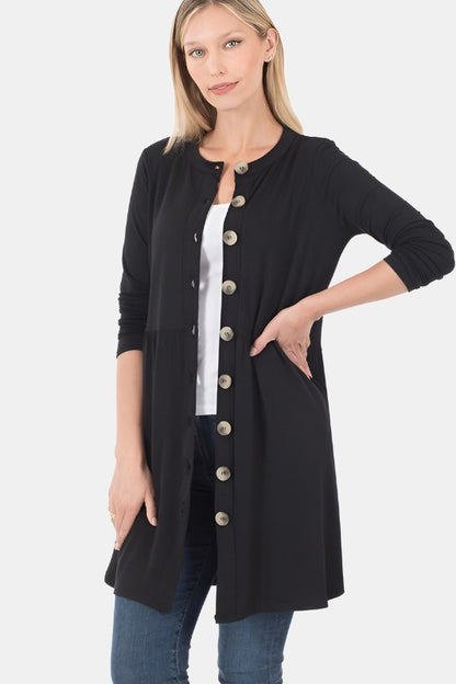 Shirred Waist Buttoned Cardigan With Side Pockets