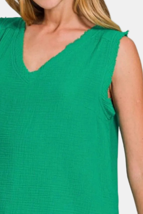 Double Gauze Raw Edge V-Neck Tank Top / K GREEN