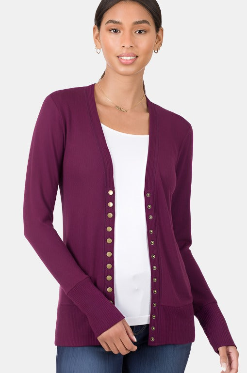 Snap Button Sweater Cardigan with Ribbed Detail / DK PLUM