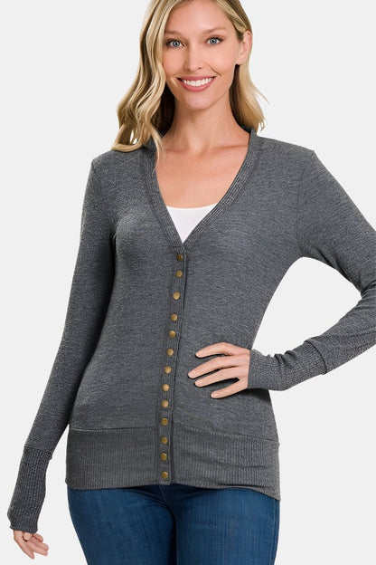Snap Button Sweater Cardigan with Ribbed Detail