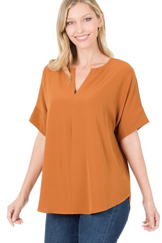 Heavy Woven Span Split Neck Short Sleeve Top