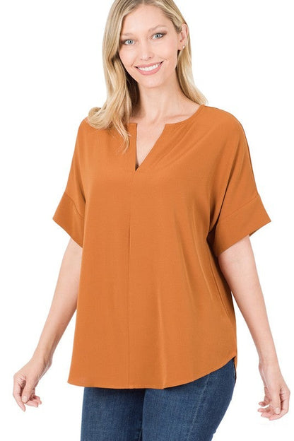 Heavy Woven Span Split Neck Short Sleeve Top