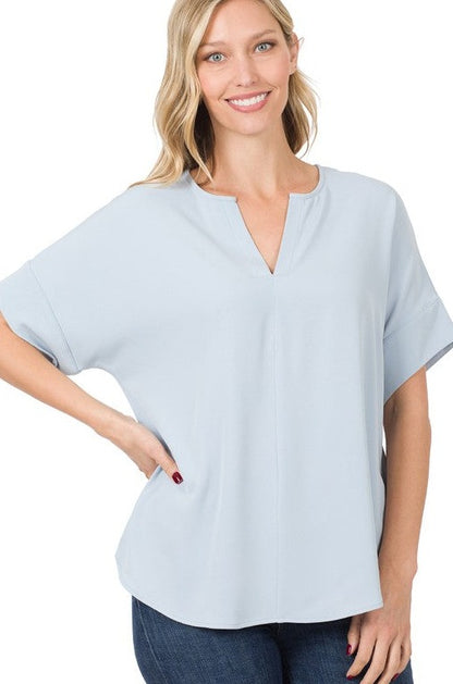 Heavy Woven Span Split Neck Short Sleeve Top