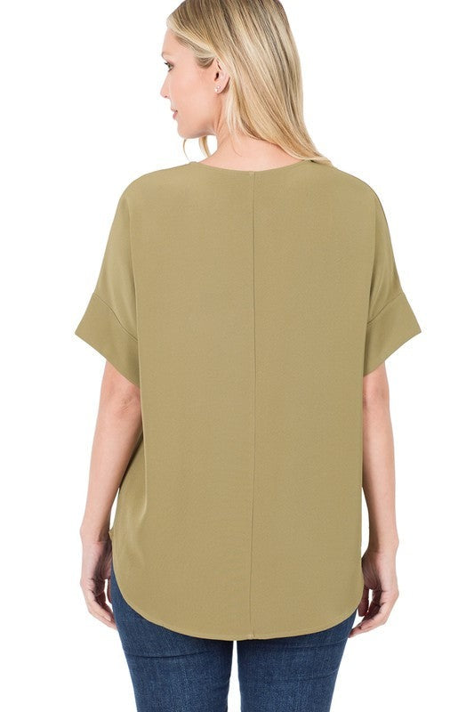 Heavy Woven Span Split Neck Short Sleeve Top