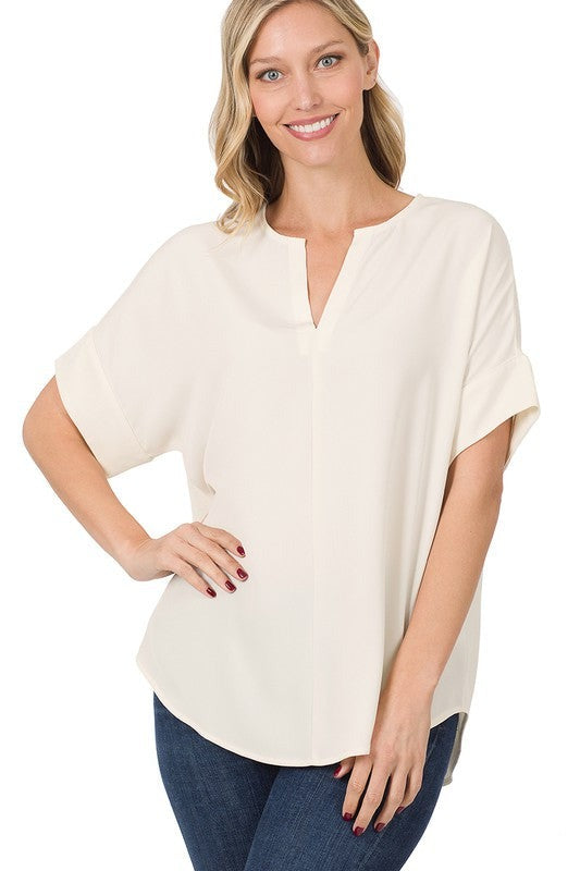 Heavy Woven Span Split Neck Short Sleeve Top