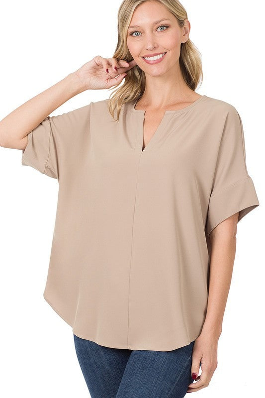 Heavy Woven Span Split Neck Short Sleeve Top