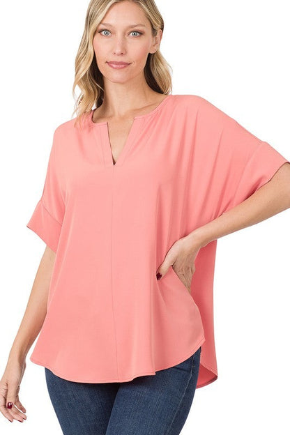 Heavy Woven Span Split Neck Short Sleeve Top