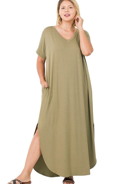 Plus Viscose Side Slit V-Neck Maxi Dress