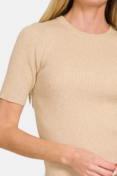Viscose Ribbed Round Neck Sweater / H BEIGE
