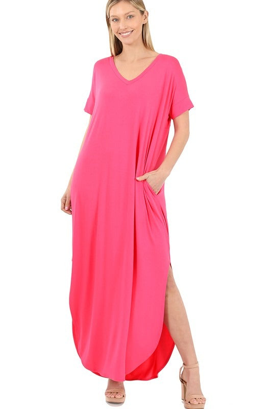 Viscose Fabric V-Neck Short Sleeve Maxi Dress