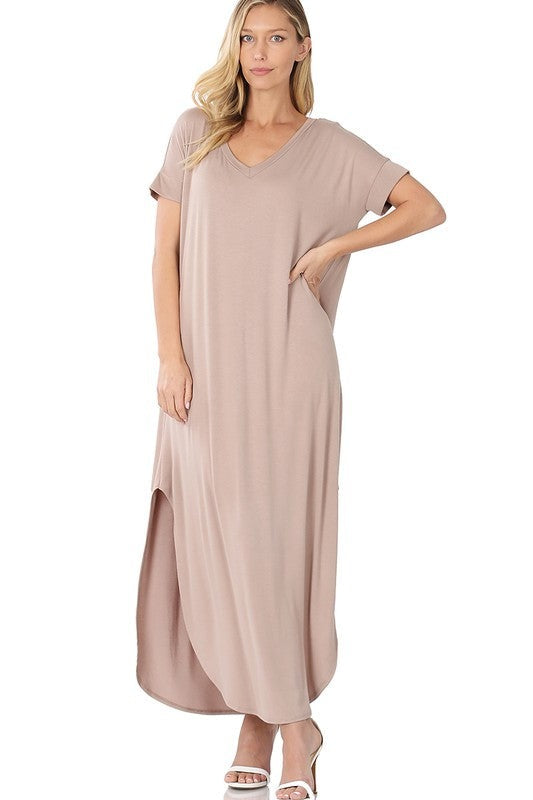 Viscose Fabric V-Neck Short Sleeve Maxi Dress