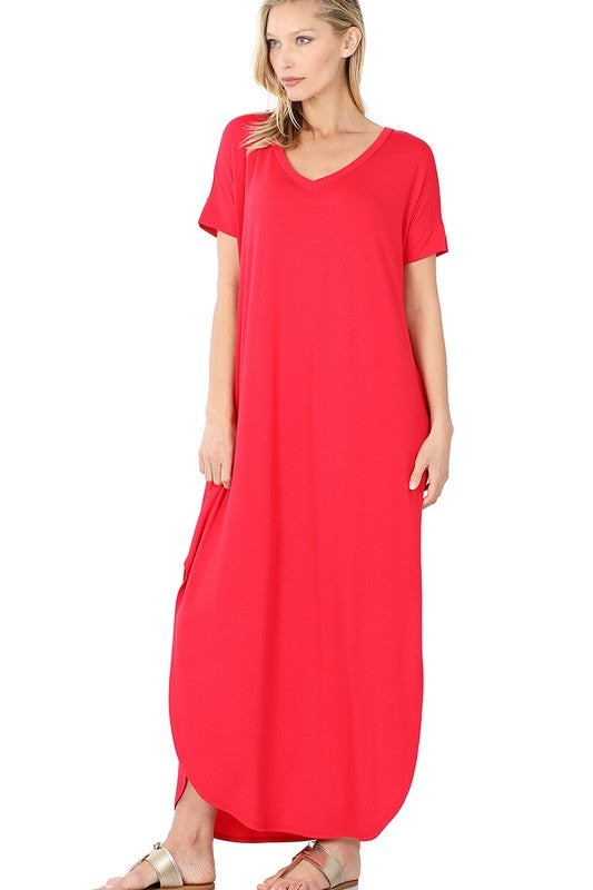 Viscose Fabric V-Neck Short Sleeve Maxi Dress