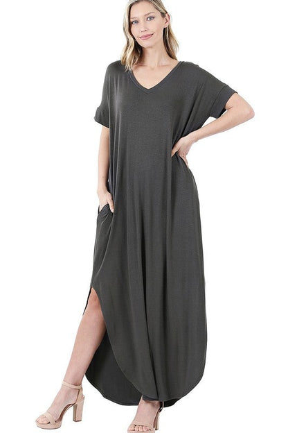 Viscose Fabric V-Neck Short Sleeve Maxi Dress