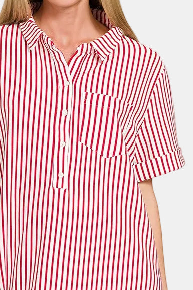 Stripe Collared Half Button Up T-Shirt Dress / RUBY