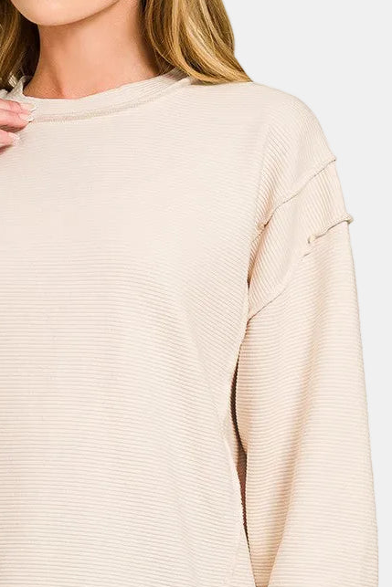 Acid Washed Double Ribbed Exposed-Seam Pullover / SAND BEIGE