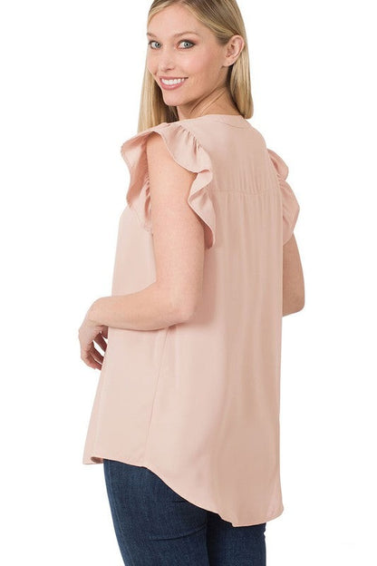 Woven Wool Peach Ruffled Sleeve High-Low Top