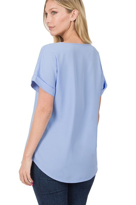 Woven Heavy Dobby Rolled Sleeve V-Neck Top