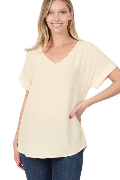 Woven Heavy Dobby Rolled Sleeve V-Neck Top