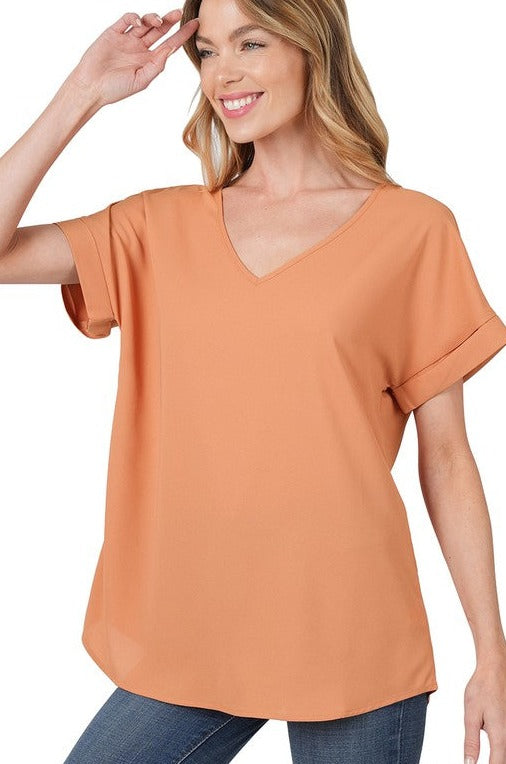 Woven Heavy Dobby Rolled Sleeve V-Neck Top