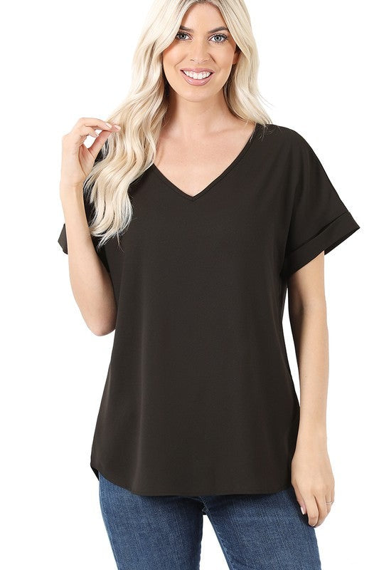 Woven Heavy Dobby Rolled Sleeve V-Neck Top