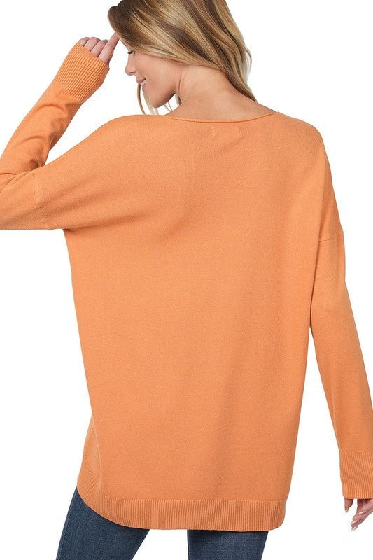 Hi-Low Garment Dyed V-Neck Front Seam Sweater
