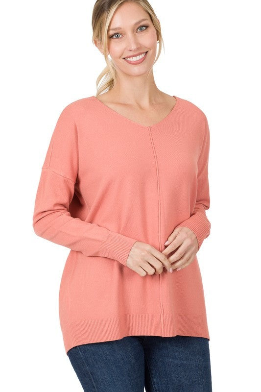 Hi-Low Garment Dyed V-Neck Front Seam Sweater