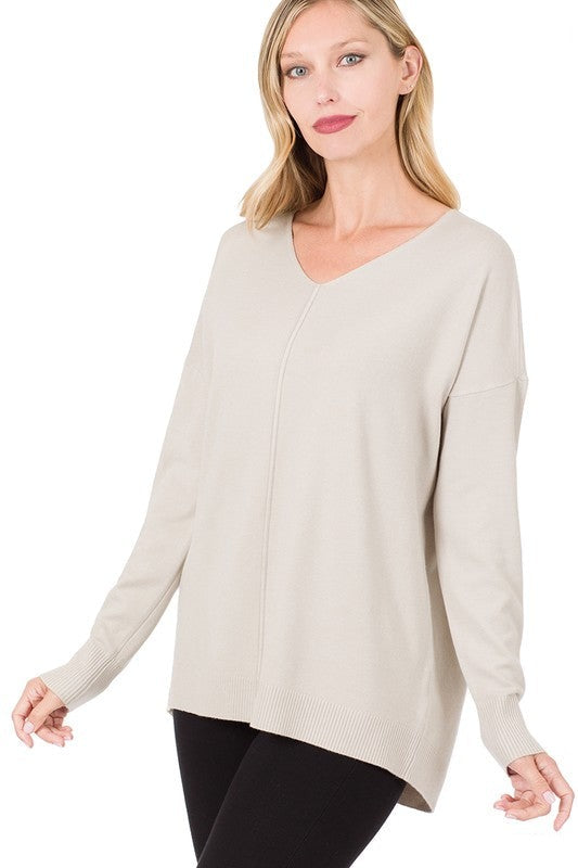 Hi-Low Garment Dyed V-Neck Front Seam Sweater