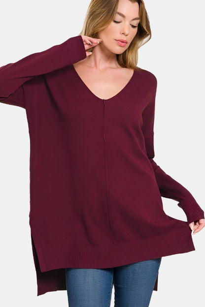 Hi-Low Hem V-Neck Center Seam Sweater