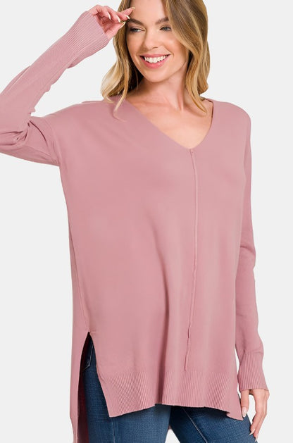 Hi-Low Hem V-Neck Center Seam Sweater