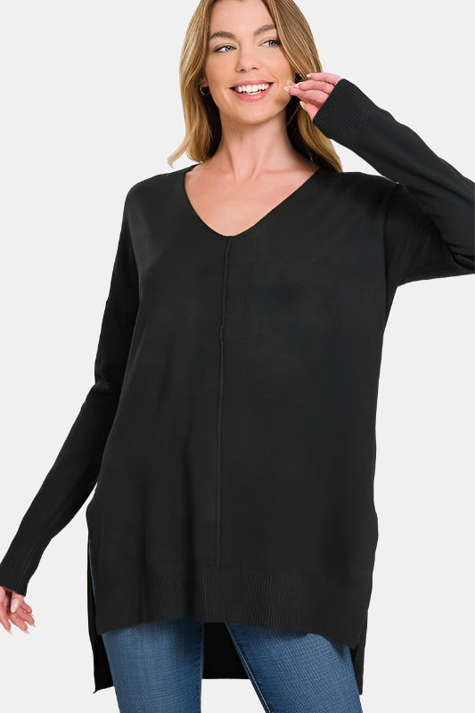 Hi-Low Hem V-Neck Center Seam Sweater