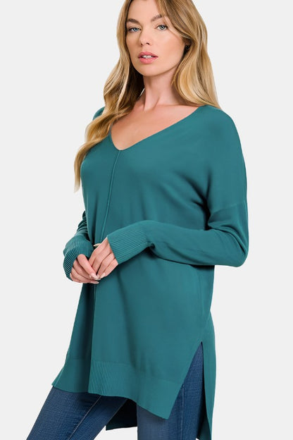 Hi-Low Hem V-Neck Center Seam Sweater