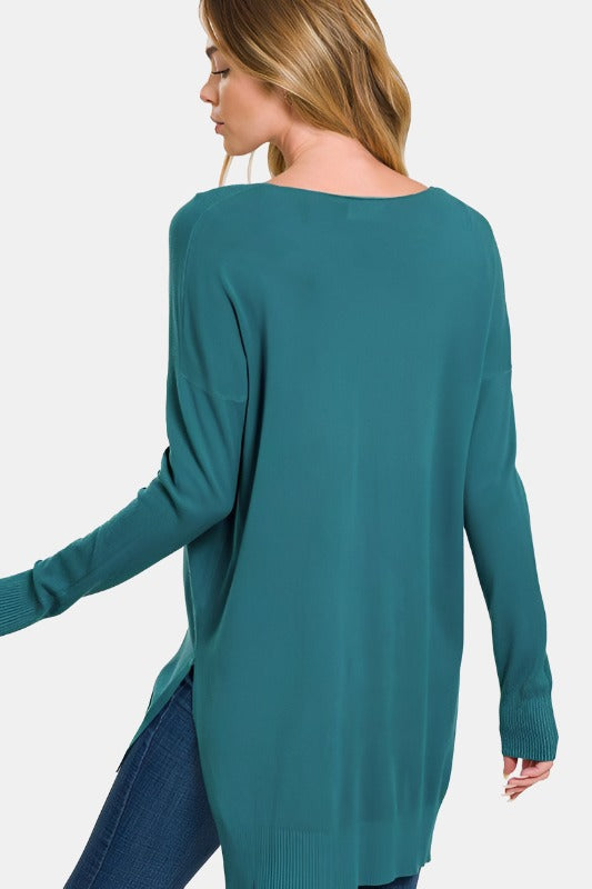 Hi-Low Hem V-Neck Center Seam Sweater