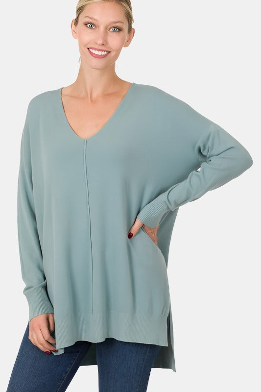 Hi-Low Hem V-Neck Center Seam Sweater