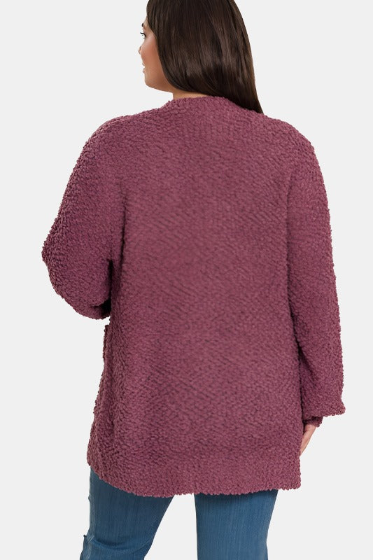Plus Puff Sleeve Popcorn Cardigan With Pockets / DK OLIVE