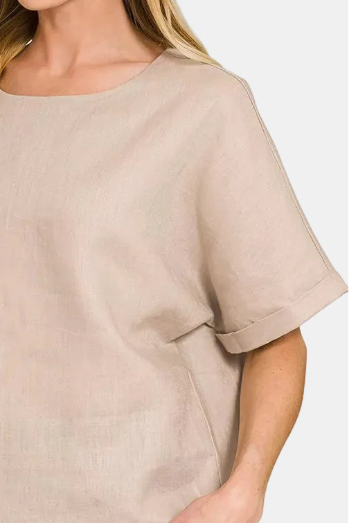 Linen Round Neck Cuffed Sleeve Top / ASH MOCHA