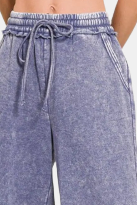 Acid Wash Fleece Palazzo Sweatpants with Pockets / MARLIN