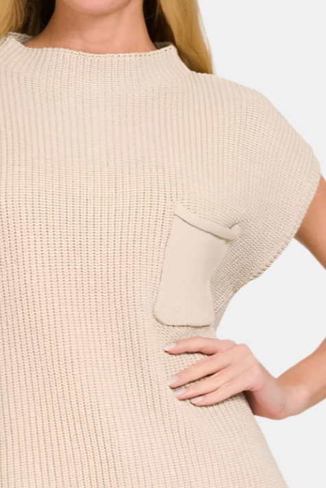 Mock Neck Short Sleeve Sweater / SAND BEIGE