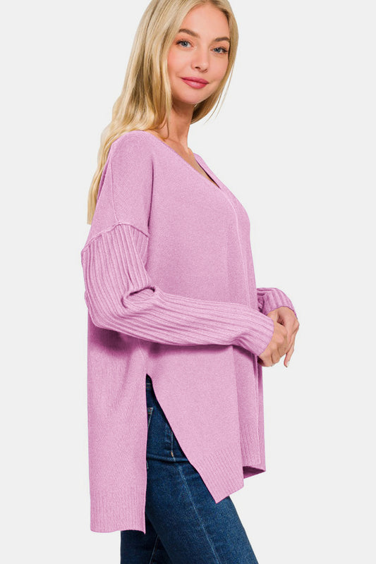 Viscose Ribbed Hem & Sleeve V-Neck Sweater / H MAUVE
