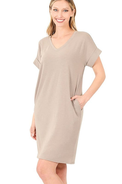 Rolled Short Sleeve V-Neck Dress