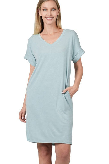 Rolled Short Sleeve V-Neck Dress