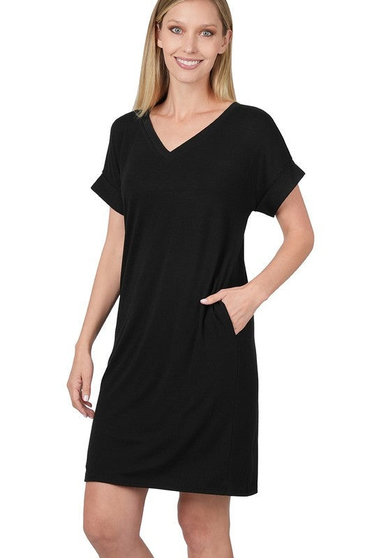 Rolled Short Sleeve V-Neck Dress