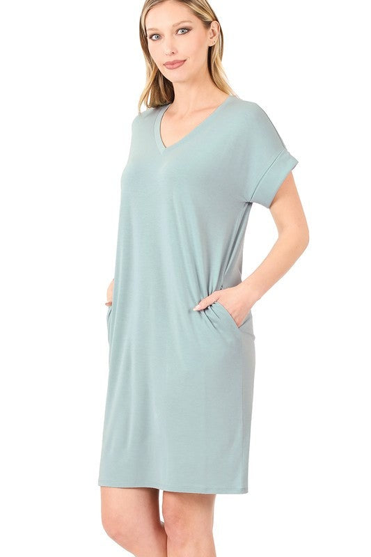 Rolled Short Sleeve V-Neck Dress