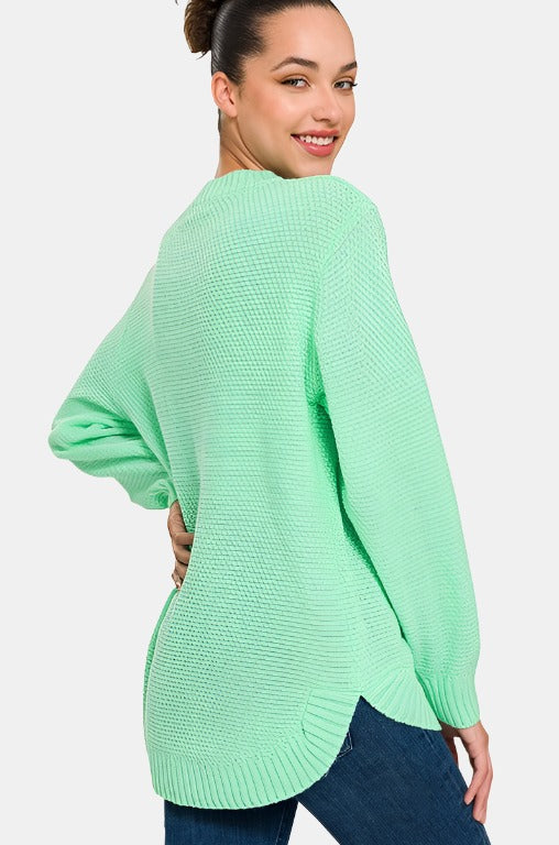 Hi-Low Long Sleeve Round Neck Sweater