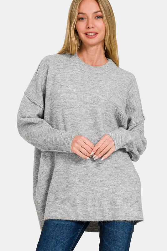 Melange Hi-Low Hem Pocket Sweater