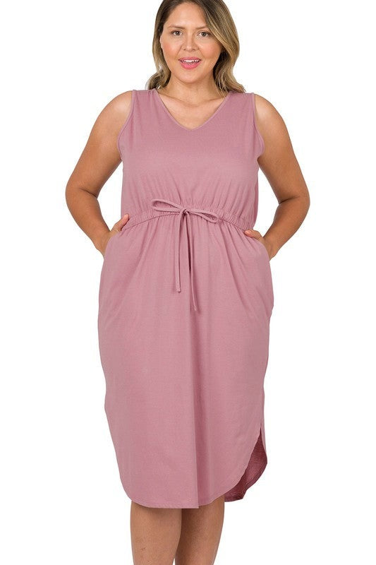 Plus Drawstring Waist Curved Hem Dress